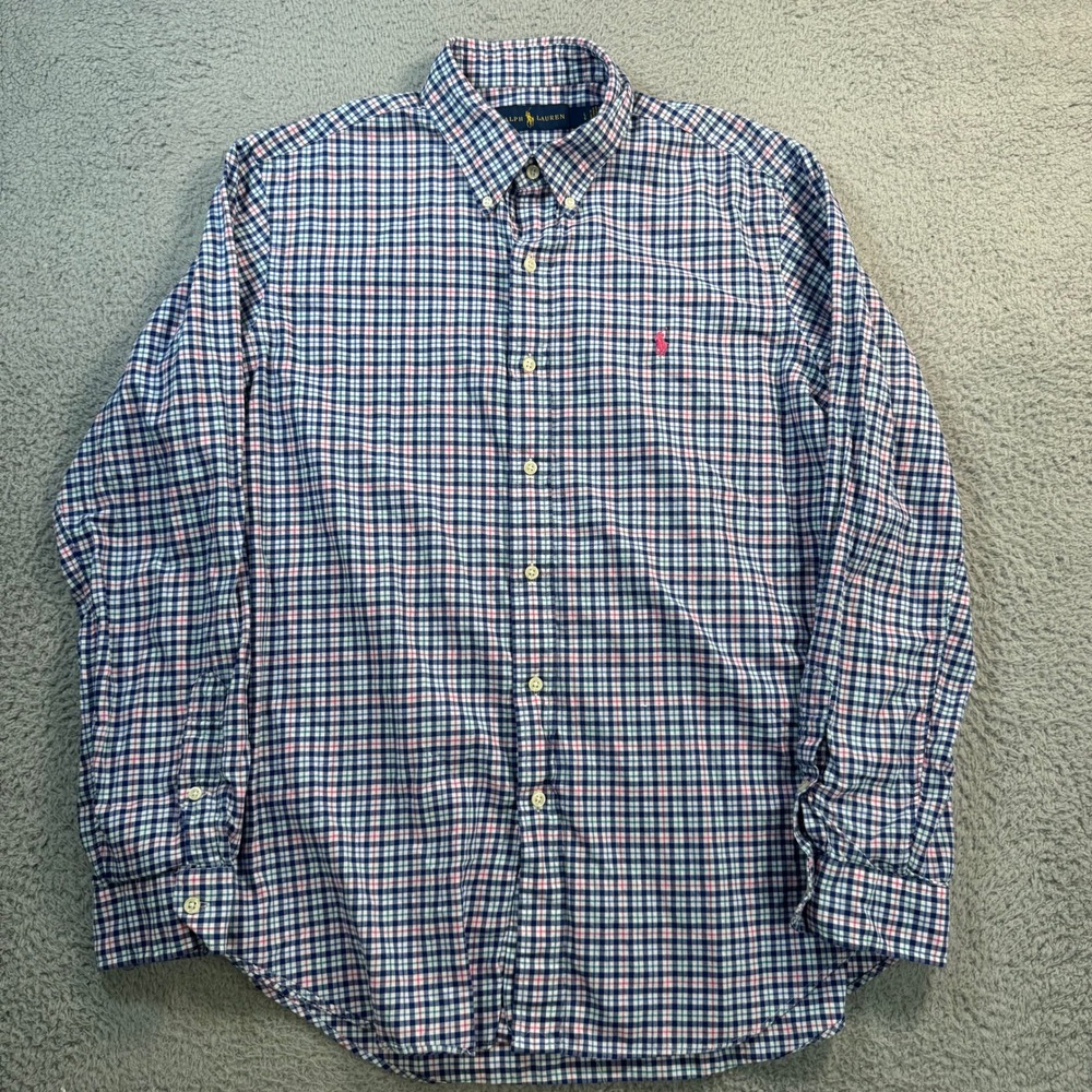 Ralph Lauren Mens Large Plaid Button Down Shirt Blue Pink Multi Check 11055